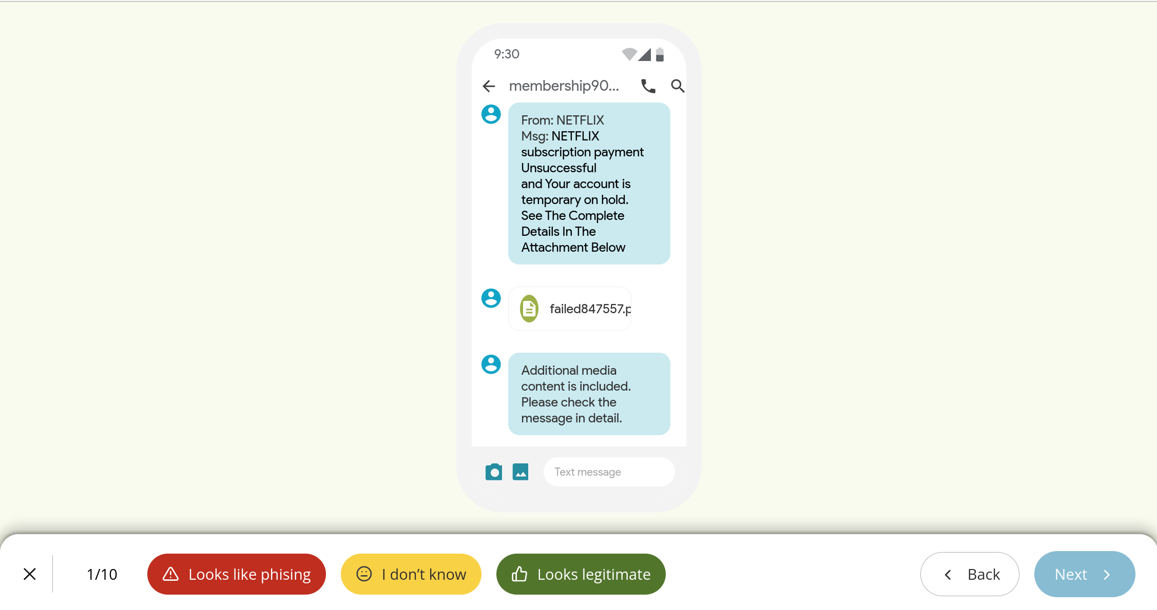 Screenshot of a phishing quiz question in Shira, showing text messages in a mobile phones and the options "looks like phishing", "I don't know", and "looks legitimate". 