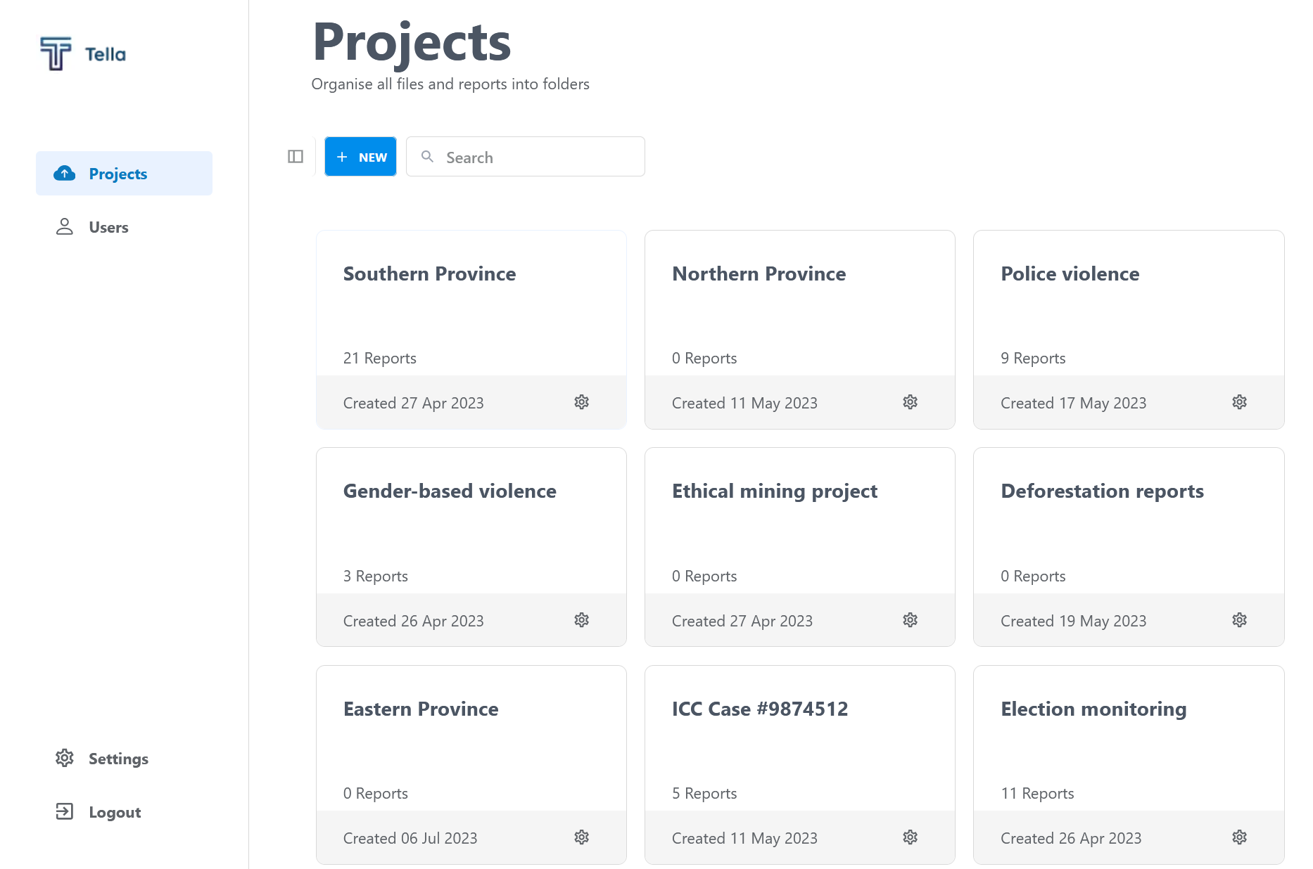 Screenshot of the homescreen of Tella Web, displaying the list of "projects" an organization may be managing.